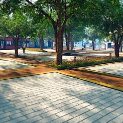 I Birkala planeras i anslutning till spårvagnshållplatsen vid Partolatorget ett trivsamt vistelseområde för invånarna, där träd ska ge skugga och grönska. Illustrationsbild: Spårvägsalliansen Tammerfors–Birkala–Linnainmaa.