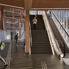 Gångpassagen till och från perrongerna kommer att ha hiss, trappa och rulltrappa.  Bild: Trafikverket