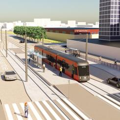 Illustration om framtida spårvagnshållplatsen i Birkala-stadsdelen Suupa väster om Tammerfors. Foto: Birkala-Linnainmaa projektplan och WSP.