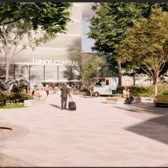 Visionsbild över den kommande entréplatsen vid Mittelbron. Den nya stationsbyggnaden i bakgrunden ingår inte i detaljplanen. Illustration: Sydväst arkitektur och landskap