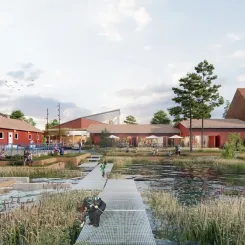 Team VERK-SAMs förslag för reningsverket innefattar bland annat att reningsverkets byggnader och bassänger omvandlas till dagvattenpark. Illustration: ArkDes