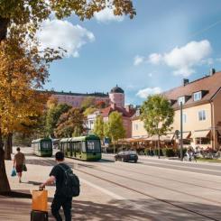 Uppsala ska få spårväg till 2029. Visionsbild, Fågelsången. Illustration: White arkitekter.