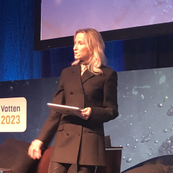 Vid en debatt på va-mässan Vatten2023 beskrev Pia Sandvik, vd för Teknikföretagen, hur problemen inom infrastrukturen kan slå mot svensk industri. FOTO: Anders Carlsson