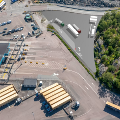 Vätgasstationen kommer att ligga precis intill port 6 som är entrén till Gothenburg RoRo Terminal. Montage: Nilsson Energy/Göteborgs Hamn